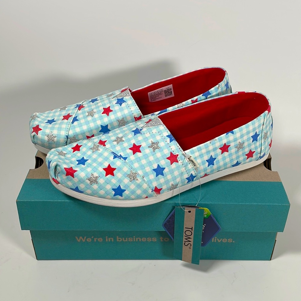 Toms Alpargata White Gingham Glitter Star Glow In The Dark Patriotic Size 8.5